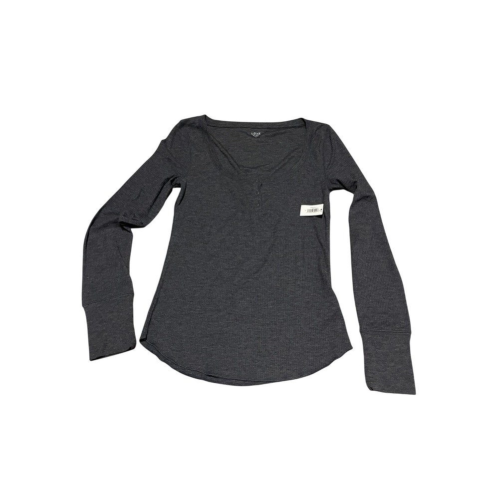 Gap Love Dark Grey Ribbed Henley Top Long Sleeve Scoop Neck NWT S 636943-00-1